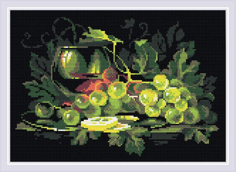 Deimantinė mozaika žalių vynuogių ant juodo fono, horizontali kompozicija su baltu rėmu, 40×30 cm variantas