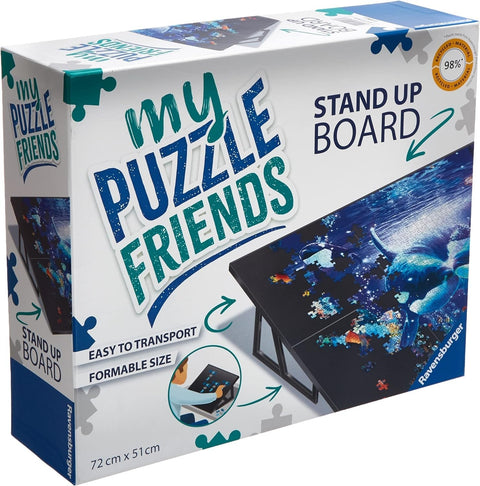 Dėlionių stovas Ravensburger, juodas, sulankstomas 72 × 51 cm, skirtas patogiam dėlionių dėliojimui, rodomas pakuotėje