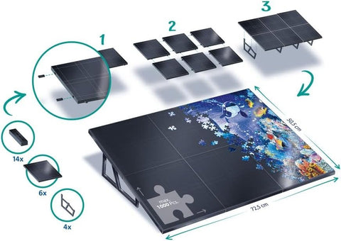 Dėlionės lenta su juodomis modulinėmis plokštėmis (72,5×50,5 cm), pakeliama sistema ir surenkama iki 1000 detalių