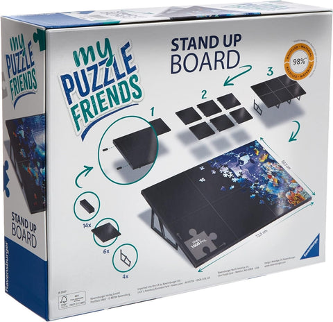 Dėlionės stovas Stand Up Board, juodas surenkamas stalviršis 72,5×50,5 cm su kojelėmis ir parodytais surinkimo žingsniais