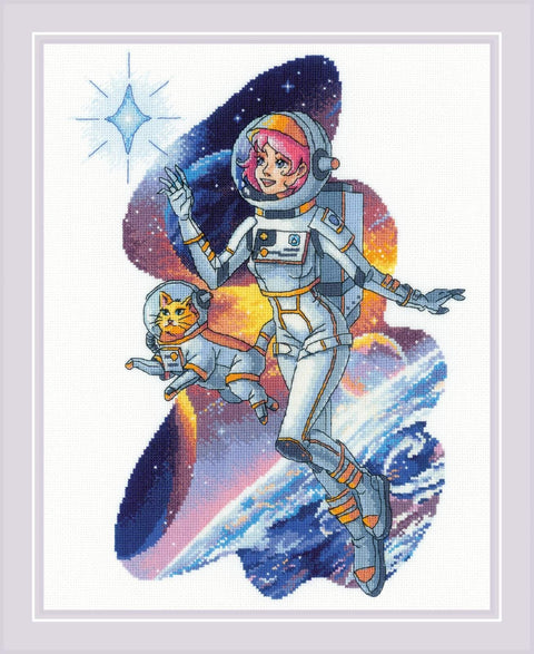 Kryželių rinkinys: baigtas moters astronautės su angele kate paveikslas pilkais kostiumais ir spalvotu kosmoso fonu