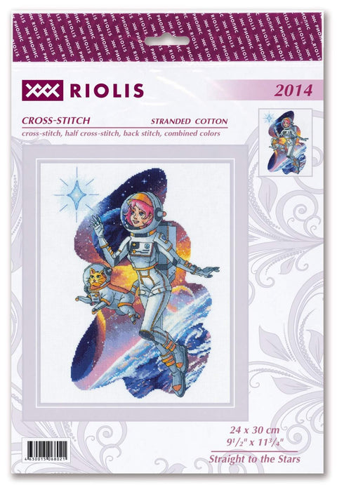 Kryželių rinkinys Riolis Straight to the Stars — 24×30 cm dizainas su astronautu ir katinu kosmose.