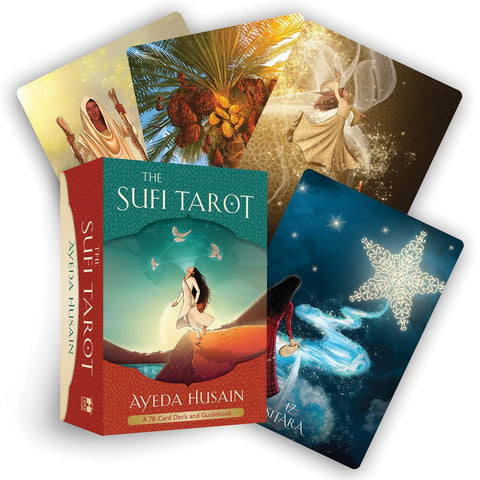Sufi Tarot kortų rinkinys su Aveda Husain raudona dėžute ir penkiomis fanuotomis kortomis, matomas trijų ketvirčių kampu