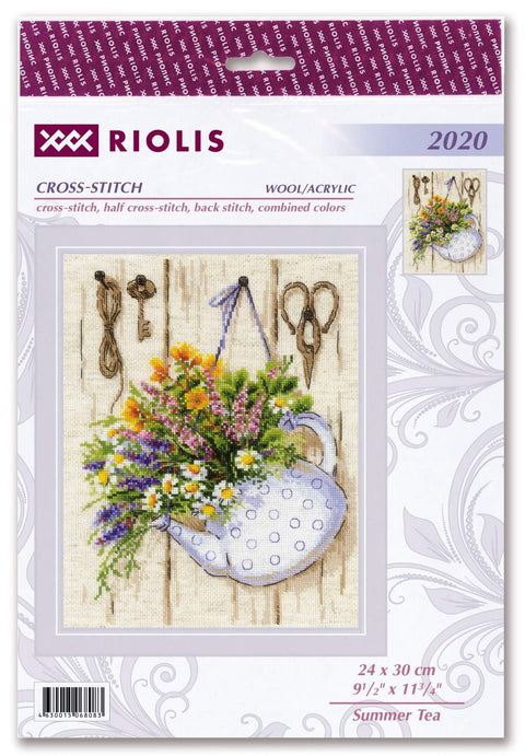 Kryželių rinkinys Riolis 'Summer Tea' — mėlynas taškuotas arbatinukas su laukinių gėlių puokšte, 24×30 cm pakuotėje