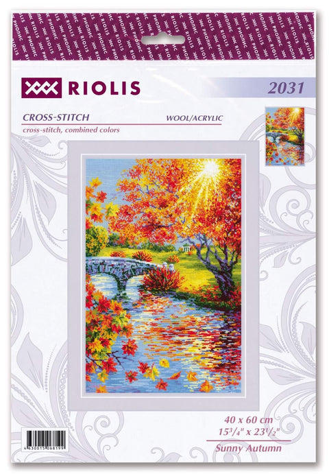 Kryželių rinkinys Riolis su vilna/akrilo siūlais, spalvingas rudeninis peizažas Sunny Autumn, 40×60 cm, pakuotės priekinė pusė