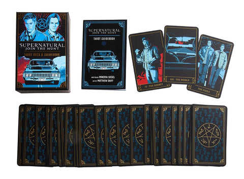 Tarot kortos Supernatural juodos–mėlynos dizaino, komplekte dekoratyvi dėžutė, gidų knygelė ir išskleistos kortos su pavyzdžiais