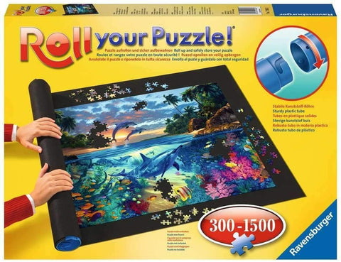 Puzzle ritinėlis Ravensburger juodas kilimėlis su plastikinėmis galinėmis detalėmis, rodomas lenkiant su rankomis, tinka 300–1500 detalių