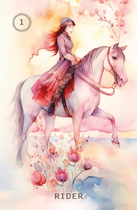 Rider tarot korta, akvarelinis pastelinių rožinių ir alyvinių tonų dizainas su moteriška raitele ant balto žirgo