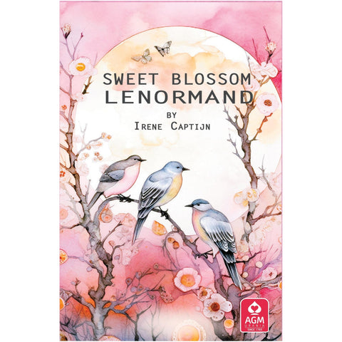 Lenormand kortų rinkinys Sweet Blossom (AGM) rožinė akvarelinė viršelis su trimis paukščiais ir žiedais