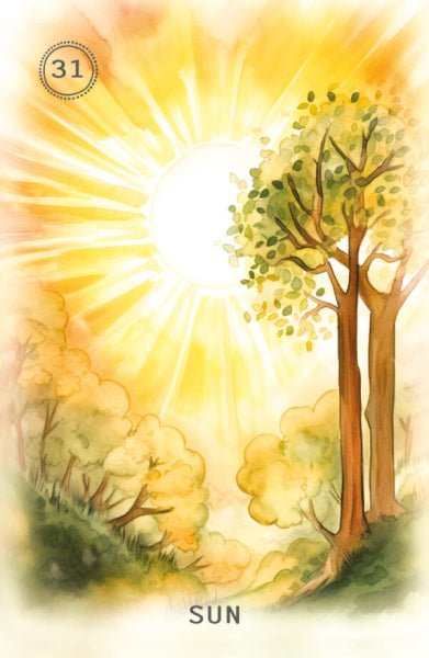 tarot korta Saulė, akvarelinis dizainas su ryškia saulė, aukštų medžių siluetais ir šiltais geltonais tonais, numeris 31