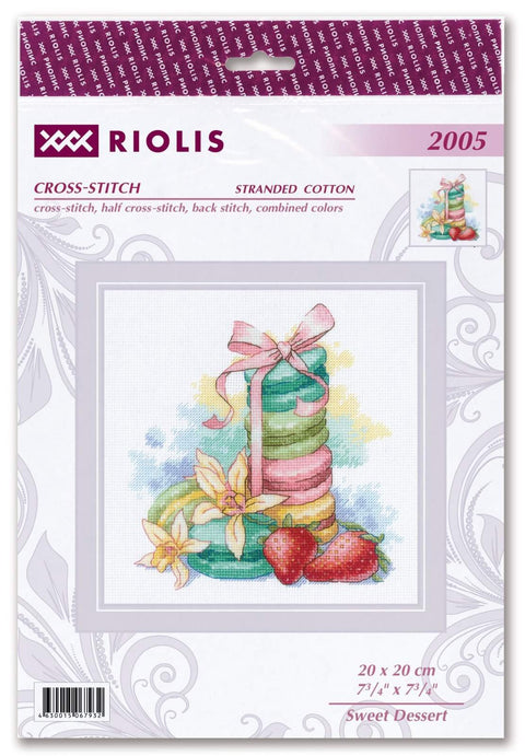 Siuvinėjimo rinkinys Riolis su pastelinių makaronų ir braškių motyvu, 20×20 cm pavyzdys ant pakuotės