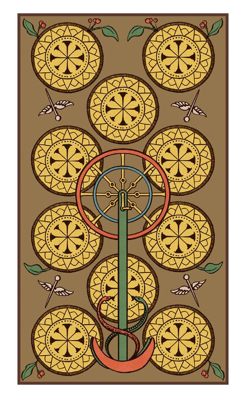Tarot korta Dešimt monetų — pilna iliustracija su auksinėmis monetomis aplink centrinį ratą ir susipynusiomis gyvatėmis, rudu fonu