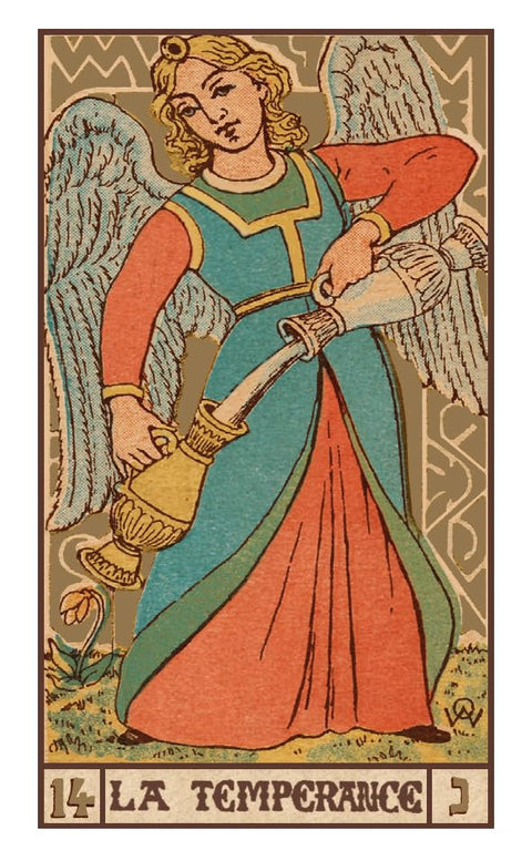 Tarot korta Temperance, retro stiliaus mėlynai‑raudonais tonais, angelas pilantis vandenį iš ąsočių