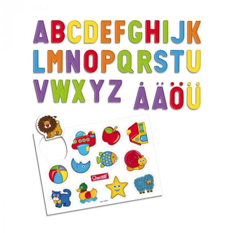 Magnetinės raidės A–Z ir papildomos diakritinės versijos, ryškios spalvos, komplekte pridėtas lipdukų lapas