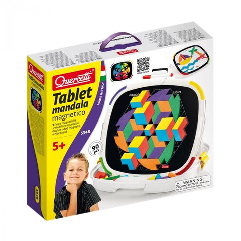 Magnetinė mandala lenta Quercetti baltame dėkle su 90 spalvotų geometrinių magnetukų ir paruošta mozaika