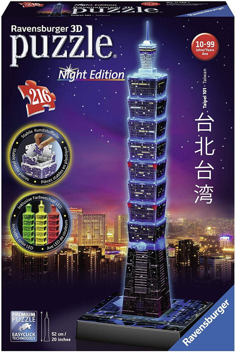 3D dėlionė Taipei 101 Night Edition su spalvotu LED apšvietimu, 52 cm aukščio ir 216 dalių komplektas