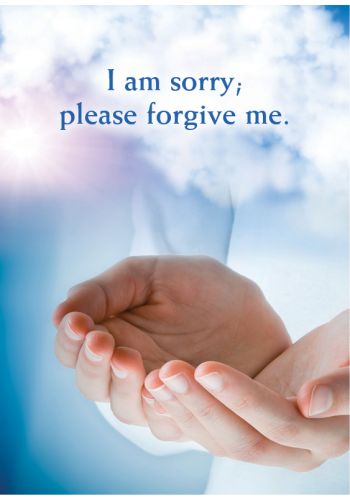 Atsiprašymo atvirukas, vertikalus, mėlynos ir baltos spalvų, su anglų tekstu I am sorry; please forgive me ir atviromis delnais