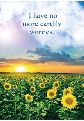 plakatas su saulėgrąžų lauku ir saulėlydžiu, mėlynu dangumi ir užrašu "I have no more earthly worries", vertikalus, ryškūs geltoni tonai