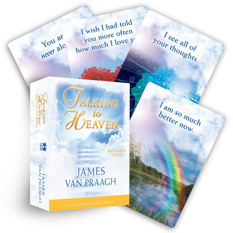 Talking to Heaven kortų rinkinys James Van Praagh — balta debesų dėžutė su atversta vaivorykštine korta ir keliomis išskleistomis kortomis