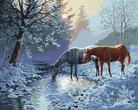 Tapybos pagal skaičius rinkinys žiemiškas peizažas — dvi žirgų figūros prie upelio, šaltų mėlynų ir rudų tonų, 40×50 cm