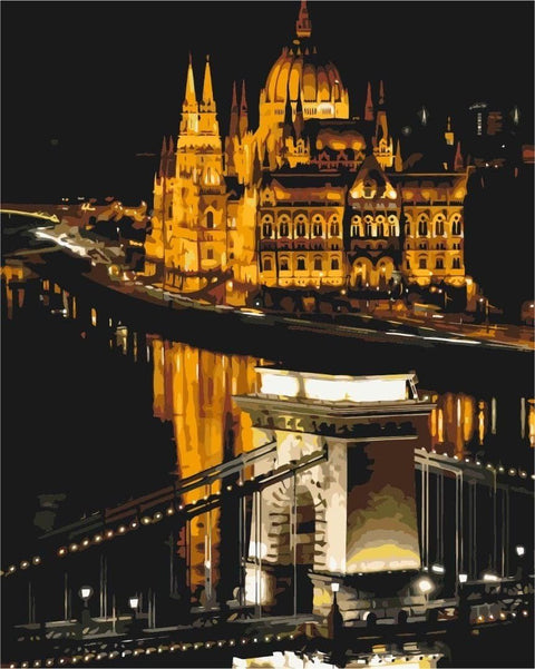 Drobė naktinė Budapešto panorama su Parlamento rūmais ir grandinės tilto atspindžiais, 60×80 cm