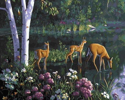 Sienų drobė su elniais prie ežero, rudi tonai, beržai ir žydinčios gėlės, frontinis 60×80 cm