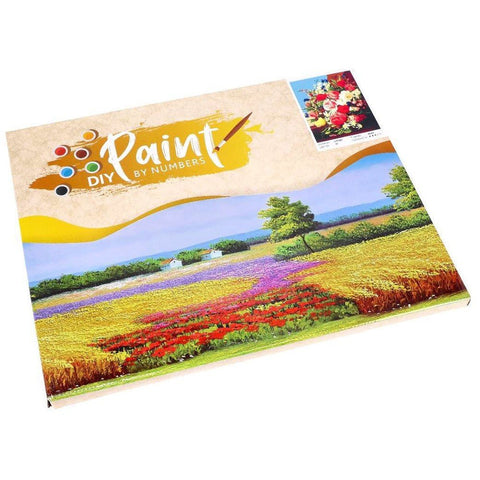 Dažymo rinkinys Paint by Numbers, kraštovaizdžio motyvas ant dėžutės, plokščias kampinis rakursas, komplektas su dažais