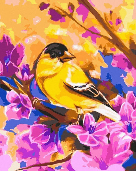 Tapybos pagal skaičius rinkinys: geltonas paukštis ant ryškių rožinių žiedų, 40×50 cm, detali sodrių spalvų kompozicija