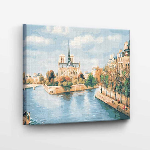 Drobė Paryžiaus upės peizažu, pastelinių atspalvių 40×50 cm, įtempta ant medinio rėmo, rodoma iš kampo