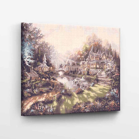 Drobė su pasteliniu pasakų peizažu, 60×40 cm spauda ant susuktų šonų, kampinis kambario interjero rodinys