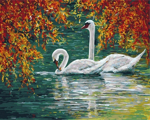 Tapyba pagal skaičius gulbių pora ant žalsvo ežero su rudens oranžinėmis šakomis, 40×50 cm drobė, ryškūs atspalviai