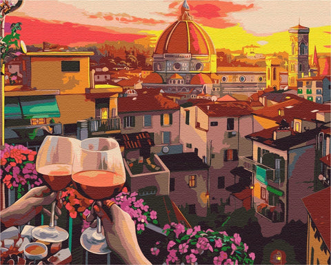 Paveikslas Florencijos panorama su vakariniu dangumi ir balkoninėmis taurėmis vyno, 40×50 cm, ryškūs šilti tonai