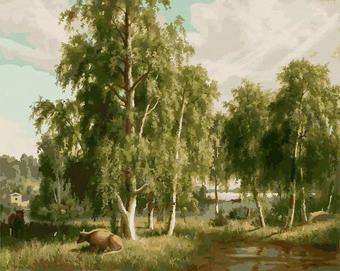 Sieninis paveikslas beržynas, horizontali drobė 60×80 cm su šviesiais beržais prie upelio ir ramia vasariška palete