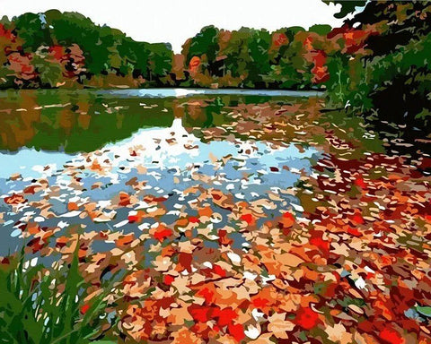 Sieninis paveikslas Rudens ežeras 60×40 cm, ryškūs oranžiniai ir raudoni lapai plūduriuojantys ant ežero vandens, horizontali kompozicija