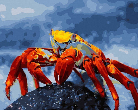 Drobė su raudonai oranžiniu krabu ant mėlyno jūros fono, tekstūruotas tapybos stilius ir detalus artinis variantas