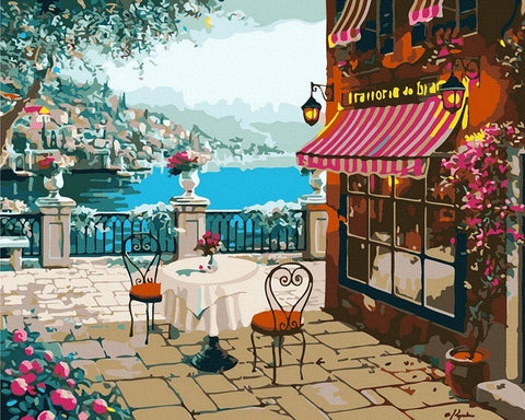 Sieninis paveikslas mėlyno ežero ir terasos motyvu su rožiniais akcentais, horizontali drobė 60×90 cm