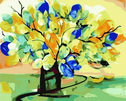 Drobė 60×80 cm abstrakti medžio kompozicija su ryškiais mėlynais, geltonais ir žaliais akcentais, skiriasi sodriomis mėlynomis dėmėmis