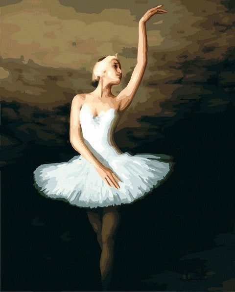 Drobė su balerina baltame tutu, portreto kampu, 60×90 cm, aukštos raiškos spauda ir tamsus fonas