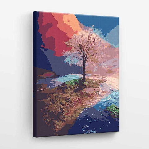 Drobė kraštovaizdžio motyvu, spalvota, 40×50 cm, kampinė perspektyva, matomas rėmo storis ir ryškios akvarelės tonos