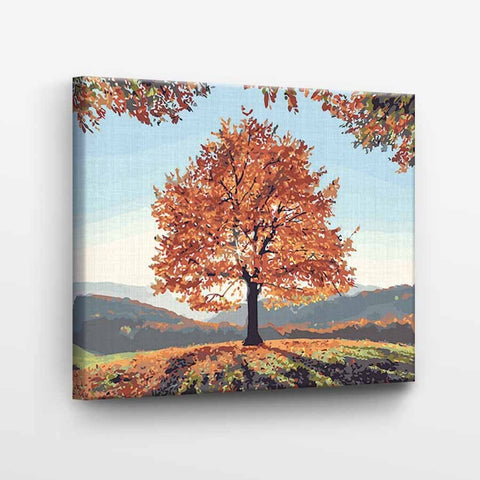 Drobė, galerijoje įtempta, su oranžiniu rudens medžiu ir tolimu kalnų fonu, kampinė perspektyva, 60×80 cm