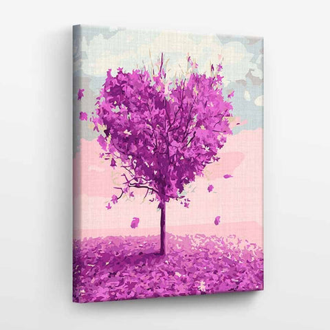 drobė su rožinės ir violetinės spalvų širdies formos medžiu, 50×70 cm, galerinis rėmas, rodomas iš šono