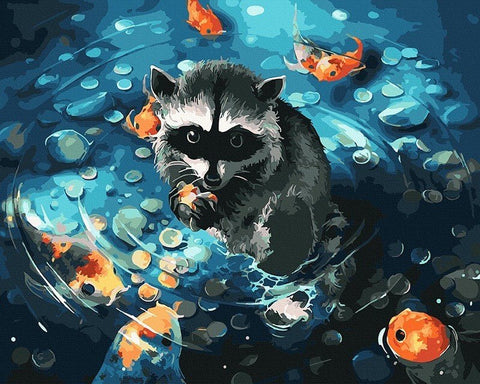 drobė su meškėnu ir karpiais, 60×80 cm, sodrios mėlynos ir oranžinės spalvos kompozicija iš viršaus, idealus dekoratyvus sienos paveikslas