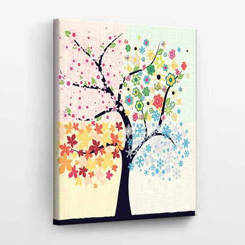 Drobė ant medinio rėmo su keturių sezonų medžiu — pavasario žiedai, vasaros gėlės, rudens lapai ir žiemos snaigės, 40×60 cm