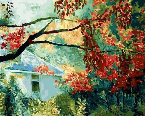 paveikslas ant drobės: rami rudeniška sodo scena su baltu nameliu ir ryškiomis raudonomis bei žaliomis spalvomis, 60×80 cm