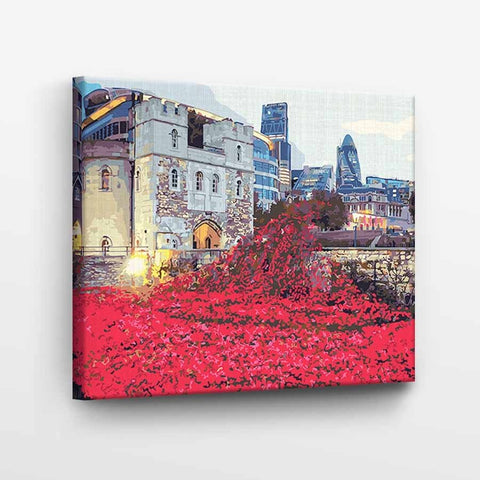 Drobė su Tower of London motyvu ir raudonų aguonų lauku, 60×40 cm ištempta ant medinio rėmo, frontalinis kampas
