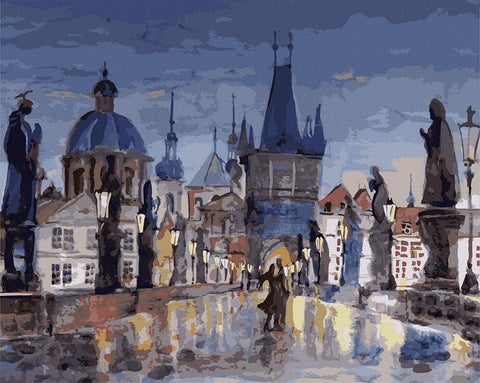Paveikslas rankų darbo drobė Prahos tiltas naktį, mėlyno ir aukso atspalviai, 60×80 cm, ryškesnis kontrastas nei kitų variantų