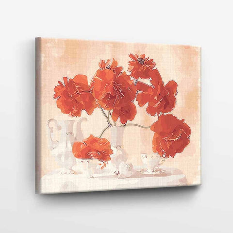 drobė su ryškiomis raudonomis gėlėmis, 60×40 cm įtempta ant medinio rėmo, kampinė perspektyva rodanti drobės tekstūrą
