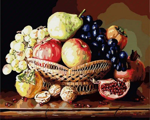 tapybos rinkinys: vaisių natiurmortas pintame krepšelyje, sodrios raudonų ir rusvų tonų spalvos, 40×50 cm drobė