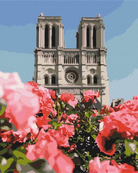 Drobė su ryškiomis rožinėmis rožėmis pirmame plane ir Paryžiaus Notre Dame fone, stilizuota tapyba sienai