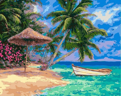 tapybos rinkinys pagal skaičius: tropinė paplūdimio scena su palmėmis ir valtimi, horizontali kompozicija, ryškios turkio spalvos, 40×50 cm